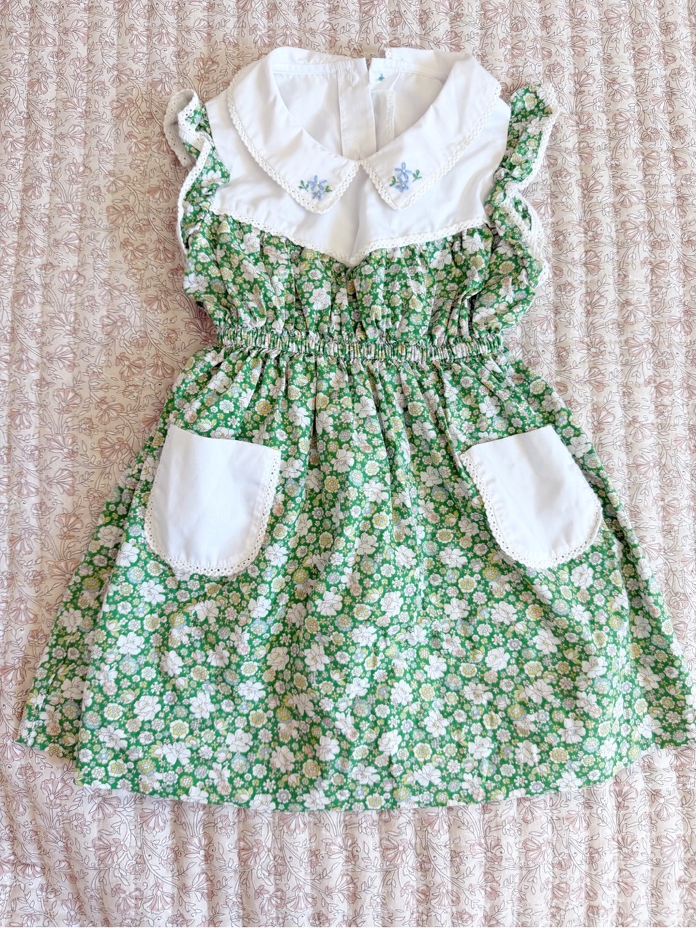 Girls Green Floral Cotton Dress with White Collar and Pockets